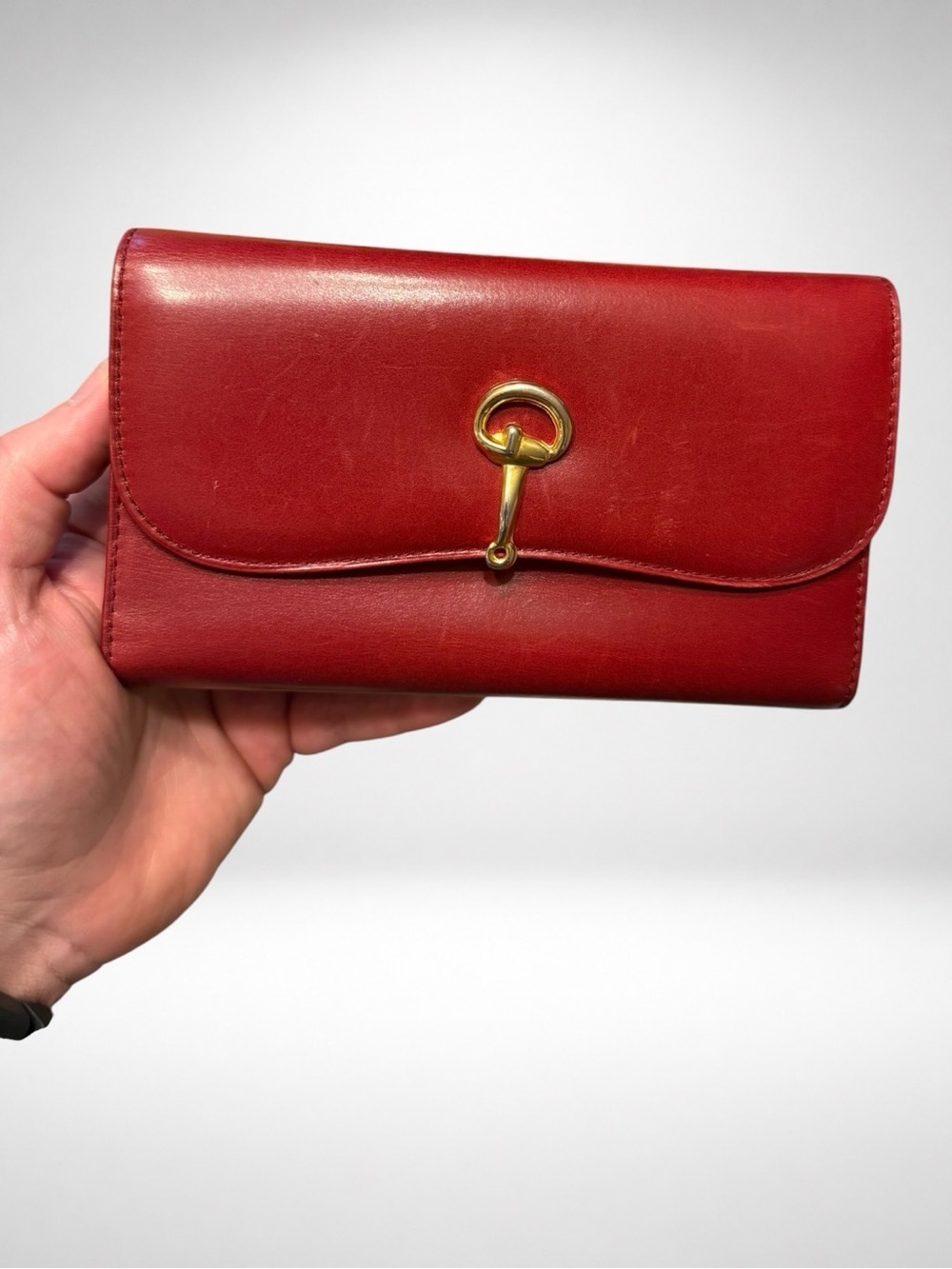 Gucci Vintage Authentic Red Leather Wallet Chain Crossbody Clutch Horsebit COA - Picture 4 of 16
